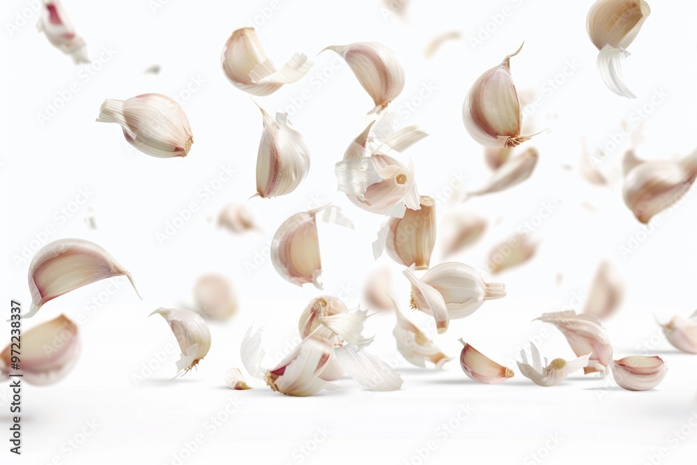 A bunch of garlic is suspended in mid-air, creating a whimsical and surreal atmosphere A bunch of garlic is suspended in mid-air, creating a whimsical and surreal atmosphere