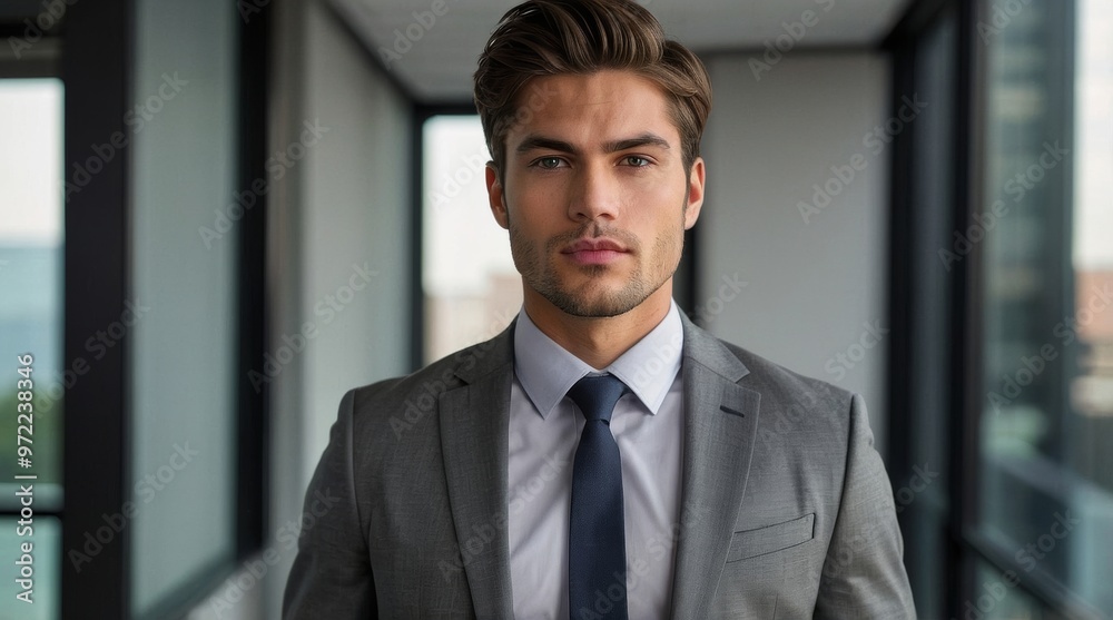 Business man handsome cute guy in grey office Business man handsome cute guy in grey office