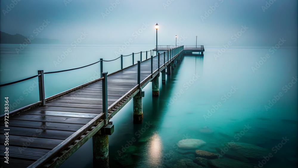 Obraz premium The wooden pier stretches into tranquil turquoise waters under a blanket of morning mist, surrounded by a calm atmosphere and soft light from street lamps