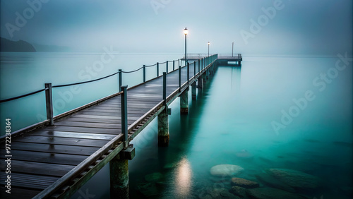 The wooden pier stretches into tranquil turquoise waters under a blanket of morning mist, surrounded by a calm atmosphere and soft light from street lamps