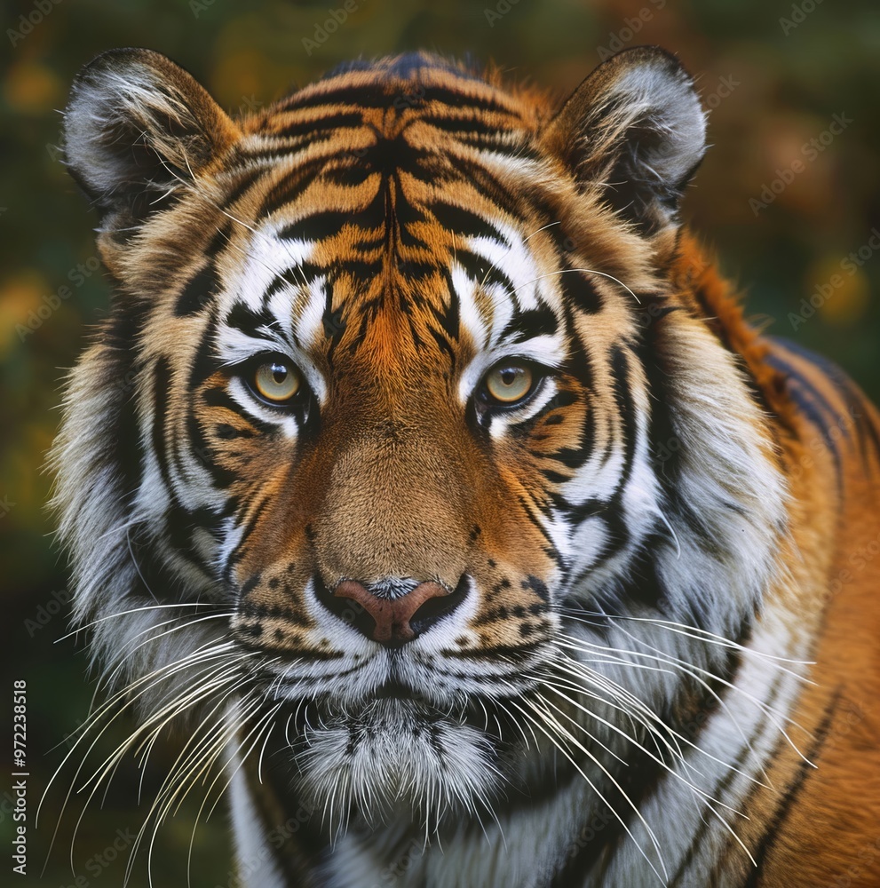 Fototapeta premium Majestic tiger portrait showcasing its fierce gaze and striking orange fur, embodying the beauty of wildlife.