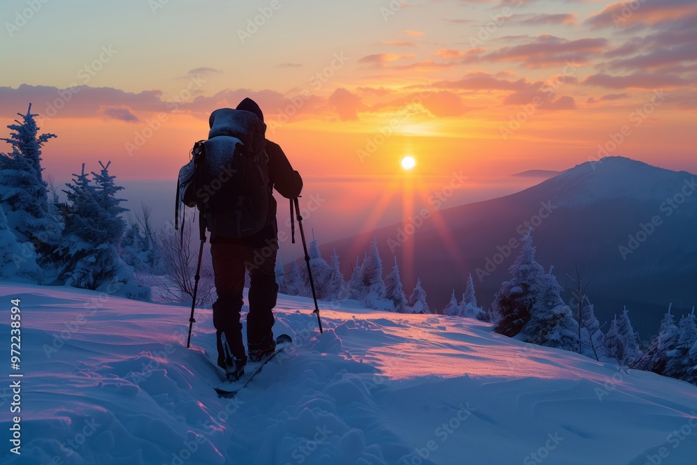 a tourist on the background of the rising sun in winter a tourist on the background of the rising sun in winter