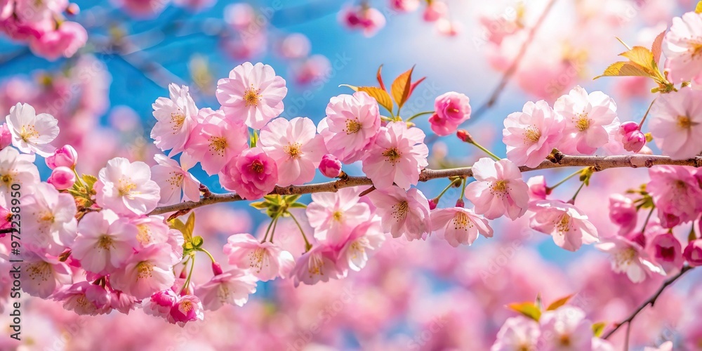 Naklejka premium Cherry blossom twig in daylight seen from below