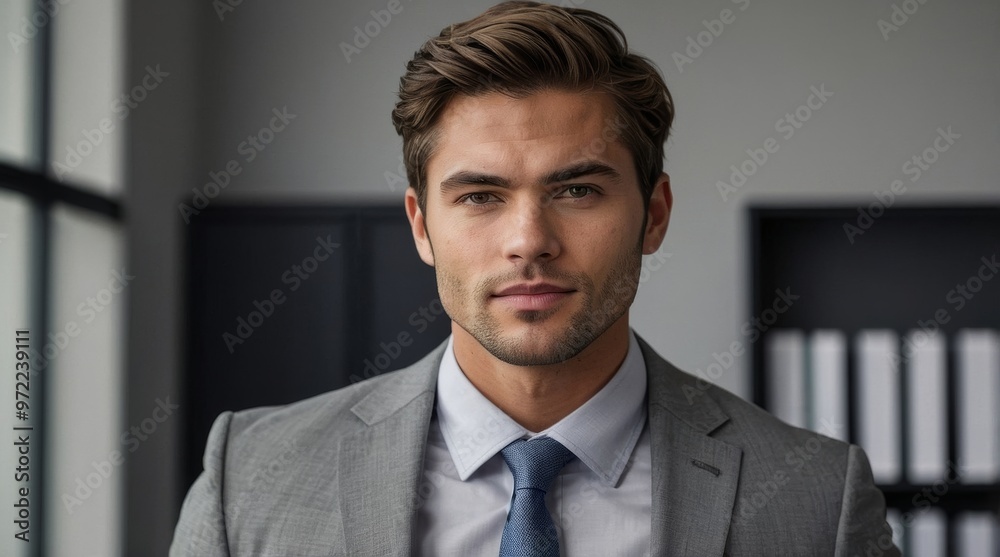 Business man handsome cute guy in grey office Business man handsome cute guy in grey office