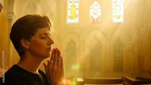 Woman praying in church with sunlight illuminating her face
 photo