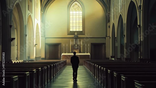 Man walking down the aisle of a grand church with sunlight shining through
 photo