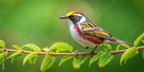 Chestnut-sided Warbler perched on sumac tree branch with green background photo