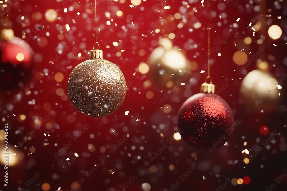 falling golden and silver glittering Christmas bauble, confetti flying around