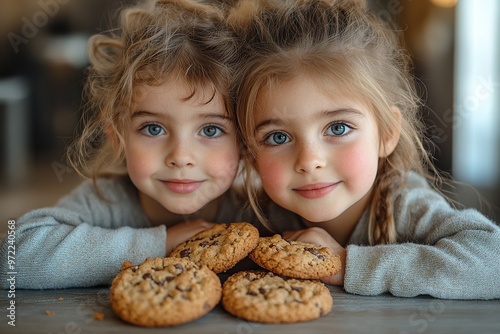 Two little girls waiting in front of some cookies to devour them.Cookie cutter week. photo