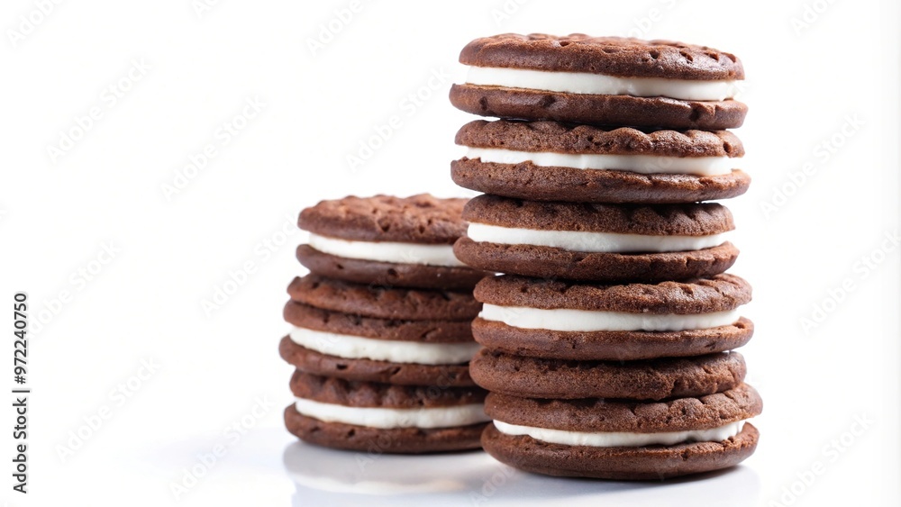 Chocolate cookies with cream filling tower isolated on white background Chocolate cookies with cream filling tower isolated on white background