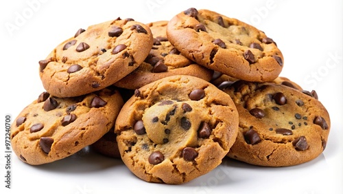 Chocolate chip cookies on isolated white background with asymmetrical composition