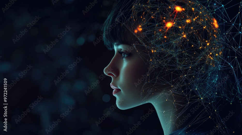Obraz premium A woman's profile with glowing neural network lines and dots within her head.