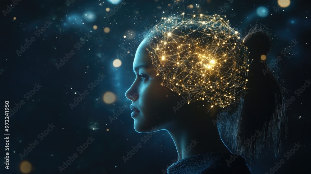 A woman's silhouette with a glowing network of lines and dots over her head, representing the concept of artificial intelligence, neural networks, and the human mind. A woman's silhouette with a glowing network of lines and dots over her head, representing the concept of artificial intelligence, neural networks, and the human mind.