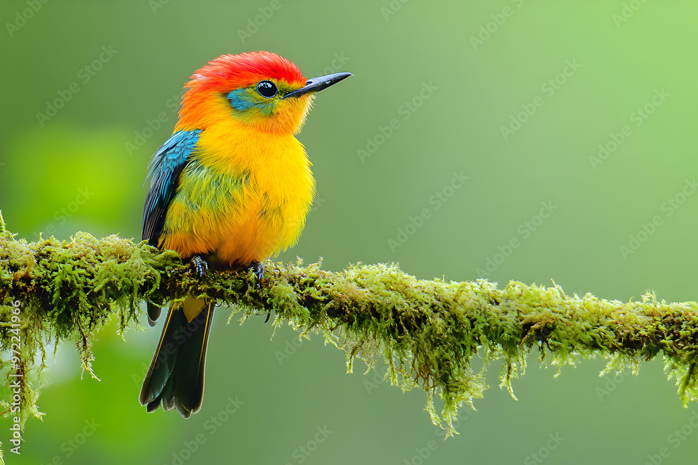 Obraz premium A vibrant, colorful bird perches on a moss-covered branch against a green background.
