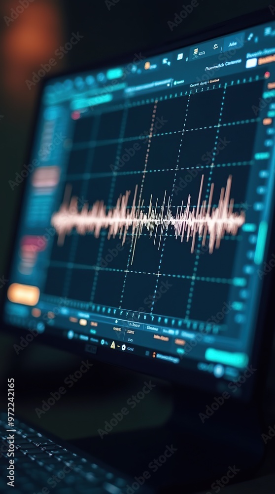 Seismograph analysis showcasing seismic wave characteristics in red waveform Seismograph analysis showcasing seismic wave characteristics in red waveform