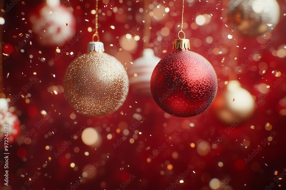 falling golden and silver glittering Christmas bauble, confetti flying around falling golden and silver glittering Christmas bauble, confetti flying around