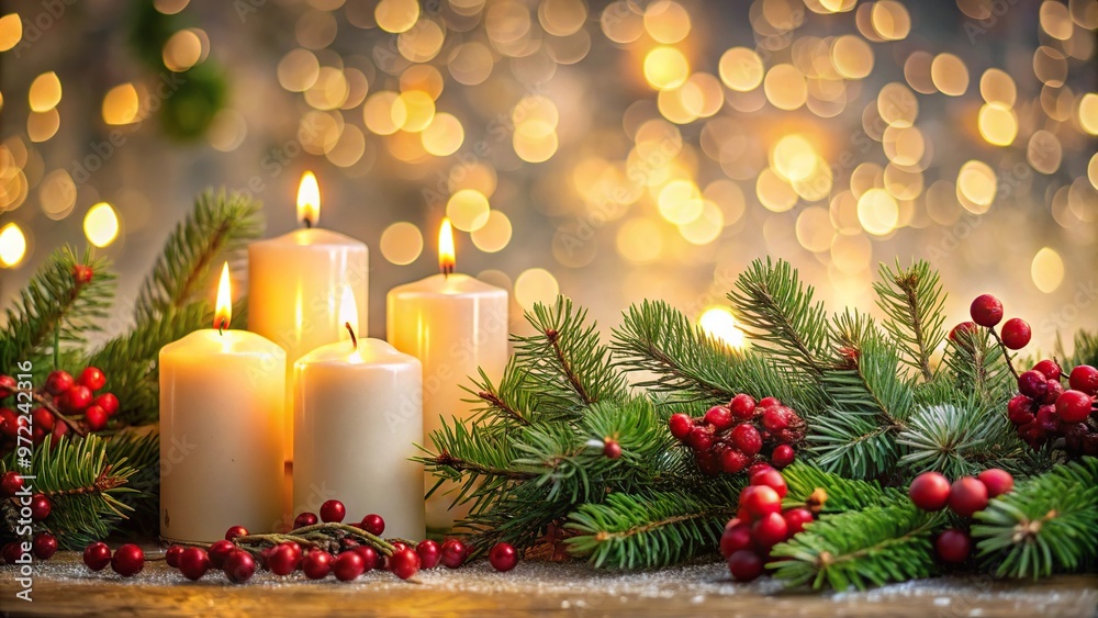 Christmas candles with pine trees and red berries and glowing glitter circles of bokeh lights background Low Angle Christmas candles with pine trees and red berries and glowing glitter circles of bokeh lights background Low Angle