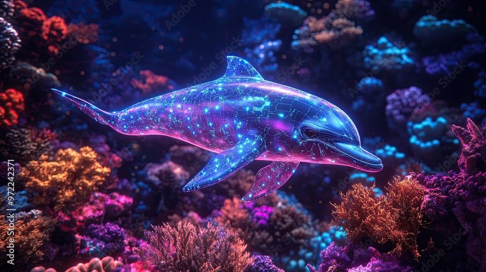 A playful dolphin with bioluminescent fins and a cybernetic tail, swimming through a vibrant coral reef. A playful dolphin with bioluminescent fins and a cybernetic tail, swimming through a vibrant coral reef.