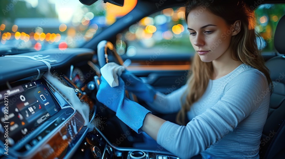 Car Interior Cleaning, Young woman in blue gloves meticulously tidying the luxurious interior of an SUV, showcasing attention to detail and commitment to cleanliness. Car Interior Cleaning, Young woman in blue gloves meticulously tidying the luxurious interior of an SUV, showcasing attention to detail and commitment to cleanliness.