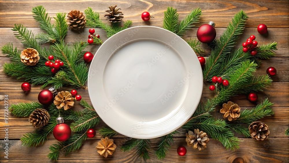 Christmas decoration around empty plate for festive table setting Christmas decoration around empty plate for festive table setting