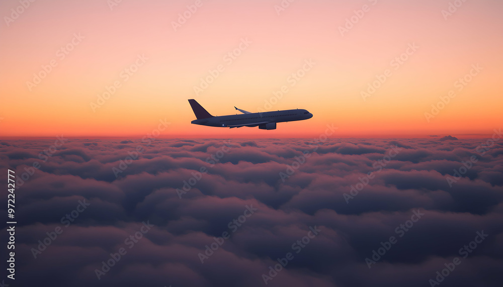 Airplane flying above the clouds at sunset. Airplane flying above the clouds at sunset.