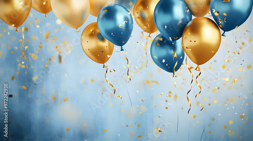 Wallpaper Mural Holiday background with golden and blue metallic balloons, confetti and ribbons. Festive card for birthday party, anniversary, new year, christmas or other events.  Torontodigital.ca