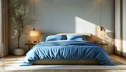 A modern and minimalist bedroom with blue bedspread and natural light is warm and comfortable overall, suitable for relaxing and resting. photo