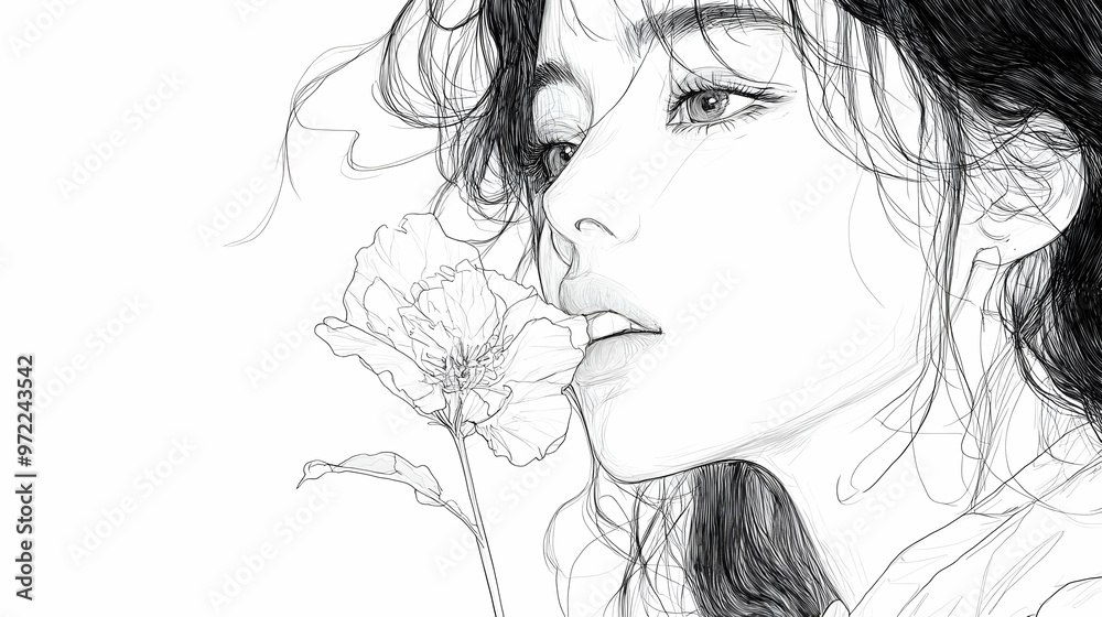 Naklejka premium Woman smelling flower sketch art illustration