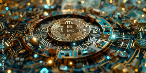 Wallpaper Mural A Bitcoin symbol centered against a gold and blue computer circuit, representing cryptocurrency technology and digital finance concepts.
 Torontodigital.ca