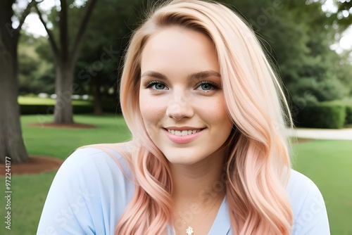 smiling, 20 year old woman, feminine, cute, pastel, PIINK ombré hair, makeup, freckles, casual photo, cheerful, playful, natural, beauty, stylish, trendy, modern, relaxed, friendly, lighthearted