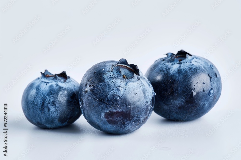 A cluster of fresh blueberries arranged on a clean, white background A cluster of fresh blueberries arranged on a clean, white background