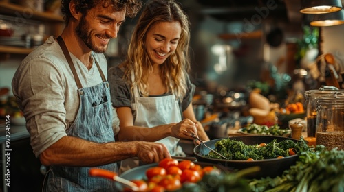 Happy Couple Cooking Together in Kitchen with Fresh Vegetables