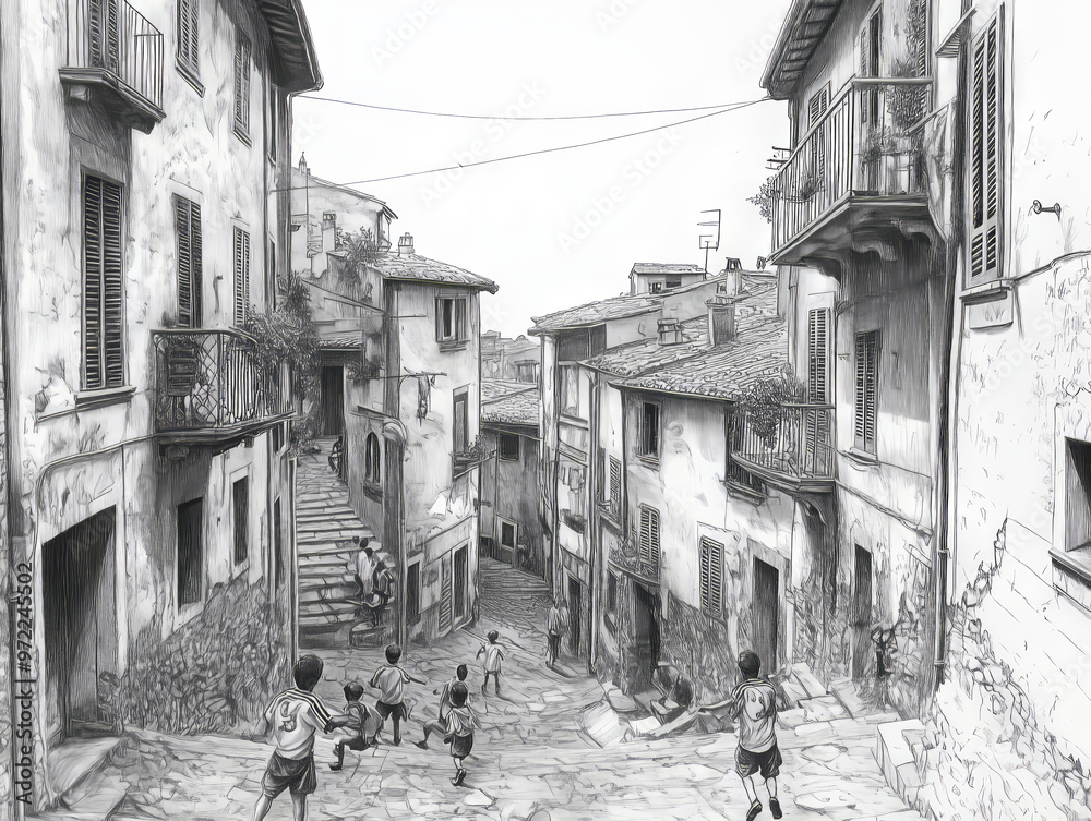 Obraz premium Black and white pencil drawing of children playing soccer in the streets, hanging on ropes between buildings, street photography, old Italian city