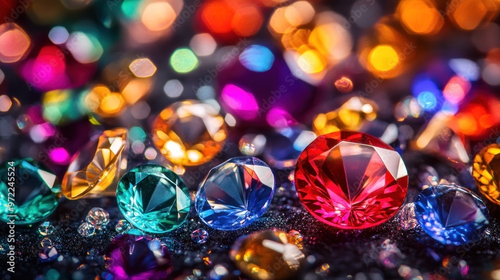 A vibrant display of colorful gemstones and crystals on a dark surface. A vibrant display of colorful gemstones and crystals on a dark surface.