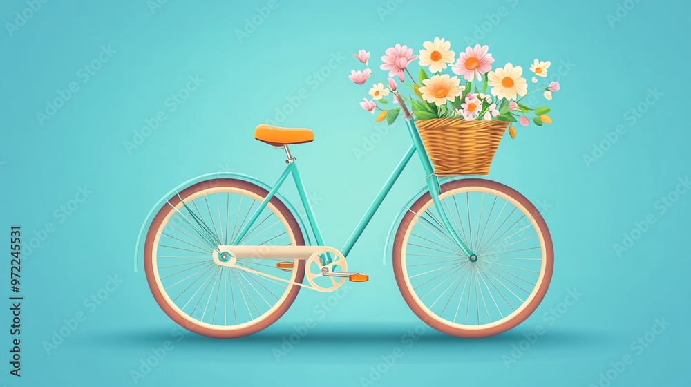 Fototapeta premium A teal bicycle with a wicker basket full of flowers against a light blue background.