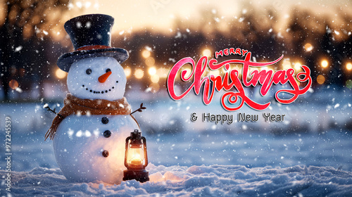 Snowy Christmas Greeting With Snowman And Lantern. Perfect For Winter Holiday Card, Banner, Or Social Media Post. photo