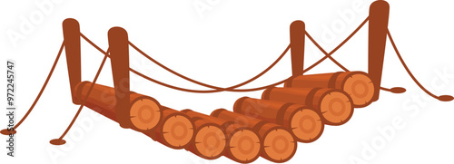 Simple wooden hanging bridge made of logs and rope is connecting two sides