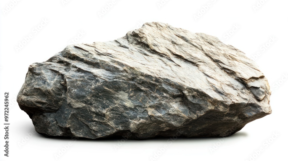 A large, jagged-edged rock with textured layers and variegated gray colors, isolated on a white background, showcasing geologic details. A large, jagged-edged rock with textured layers and variegated gray colors, isolated on a white background, showcasing geologic details.