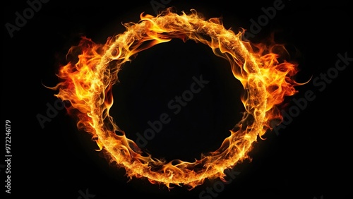 Circle of fire flames creating leading lines effect on black background