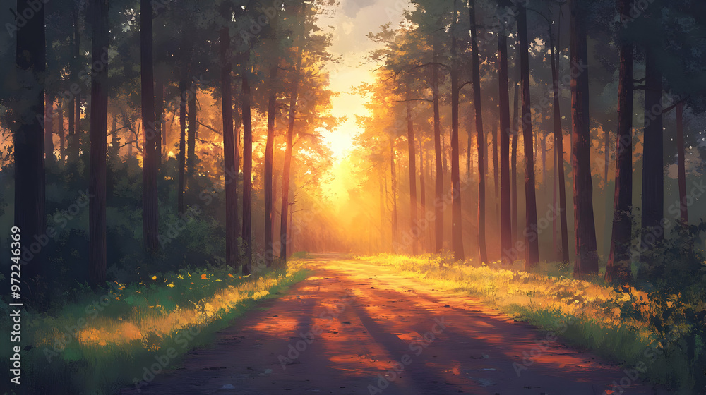 Obraz premium Sunlit Forest Path at Sunset
