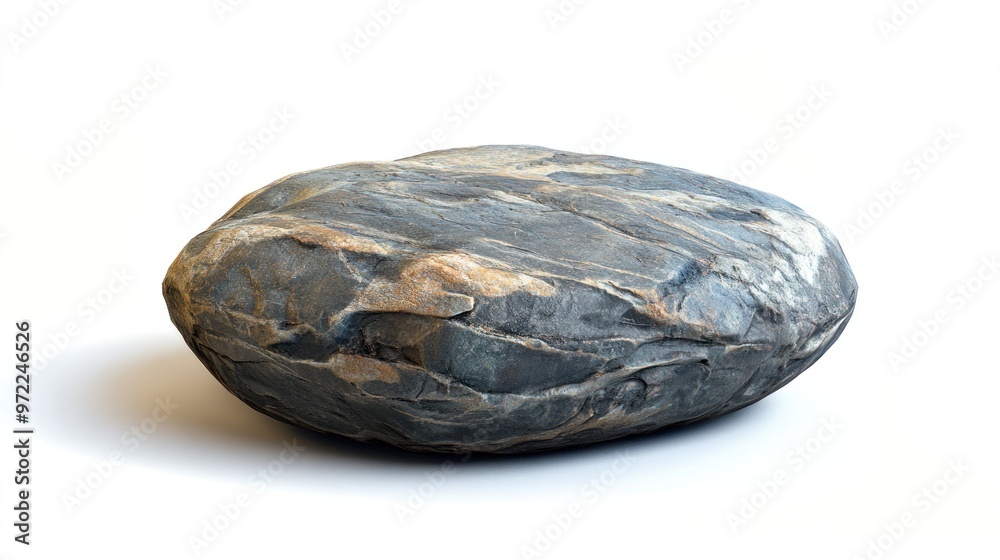 A smooth, elongated stone with striated patterns, displaying shades of gray and brown, isolated on a white background. A smooth, elongated stone with striated patterns, displaying shades of gray and brown, isolated on a white background.