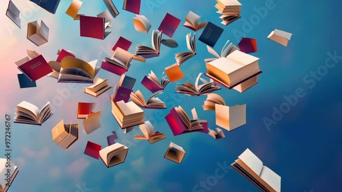 Books Soaring Through the Sky: A captivating image of books floating effortlessly in a vibrant blue sky, symbolizing the boundless potential of knowledge and the joy of reading.