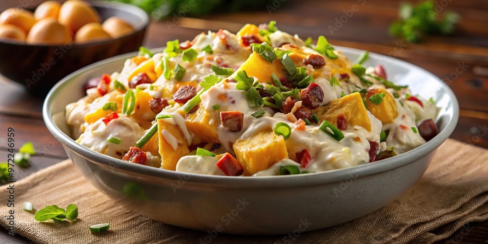 Classic loaded baked potato salad with red potatoes, mayonnaise, sour cream, cheddar cheese, bacon, green onions Classic loaded baked potato salad with red potatoes, mayonnaise, sour cream, cheddar cheese, bacon, green onions