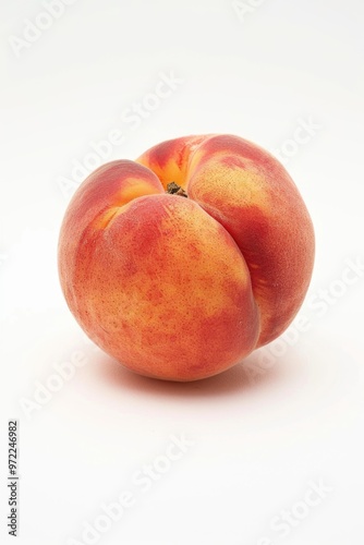 A single juicy peach sits on a clean white surface