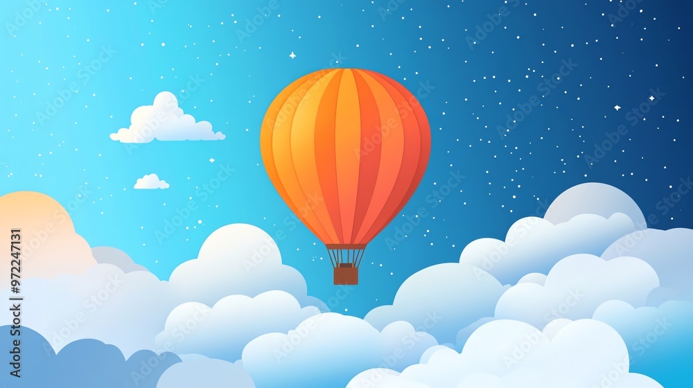 Naklejka premium A hot air balloon flying through the clouds with a starry night sky.