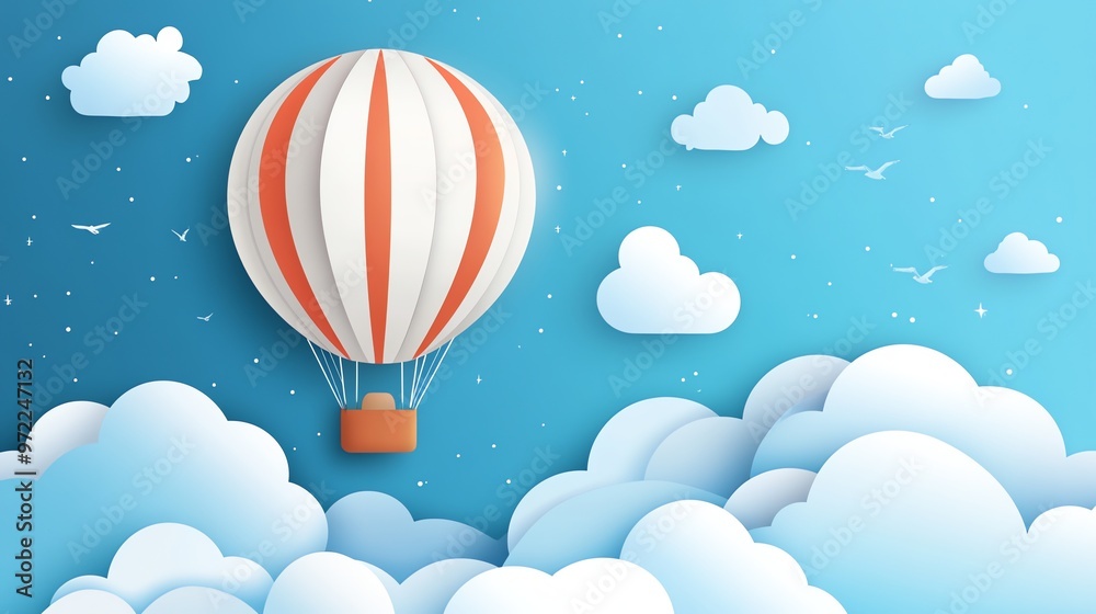 Fototapeta premium Paper art style illustration of a hot air balloon floating over clouds.