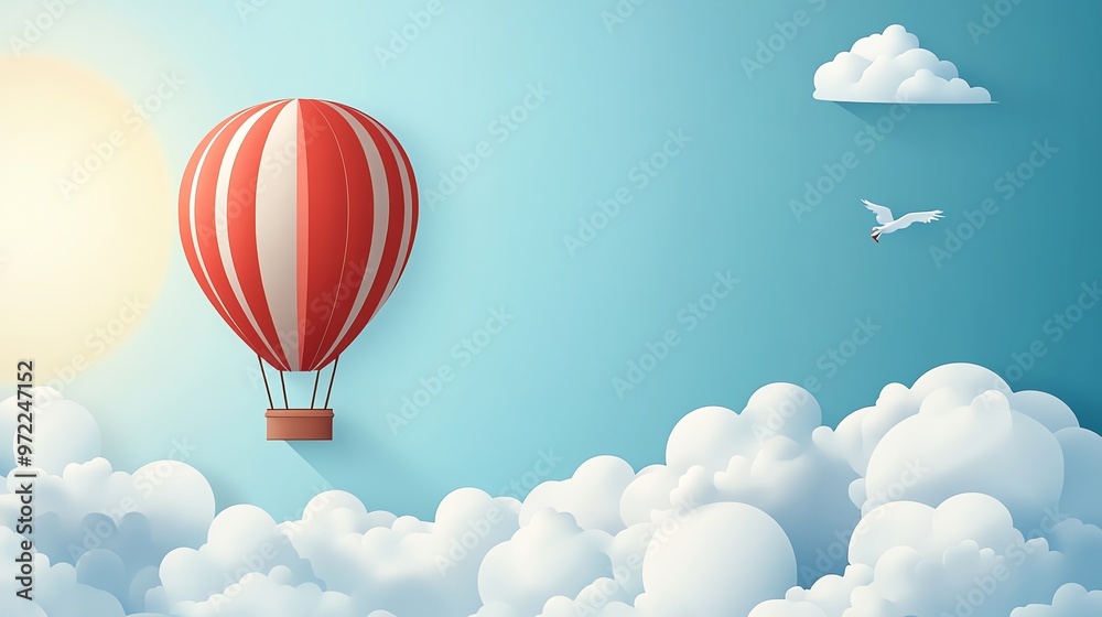 Fototapeta premium Red and white hot air balloon flying over white fluffy clouds.