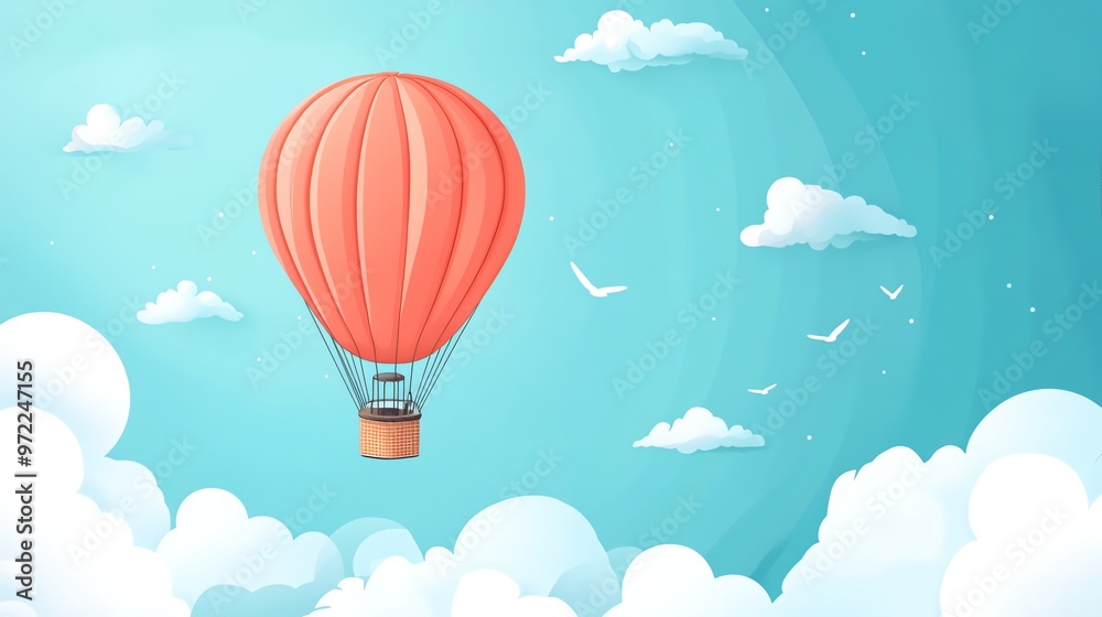 Obraz premium A hot air balloon floats in a bright blue sky surrounded by clouds and birds.