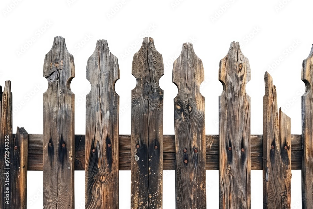 Obraz premium A close-up view of a wooden fence with vertical slats and horizontal rails on a white background
