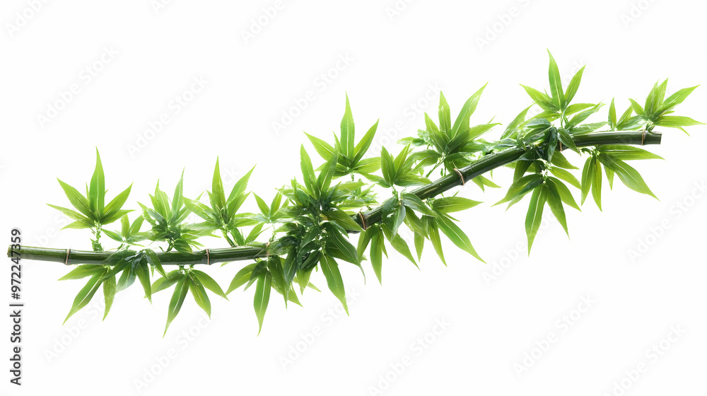 Green Bamboo Branch with Lush Leaves Isolated on White Background
